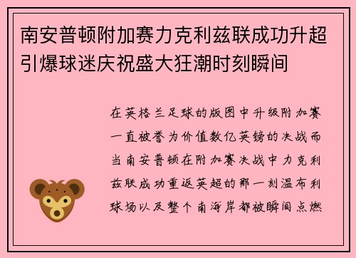 南安普顿附加赛力克利兹联成功升超引爆球迷庆祝盛大狂潮时刻瞬间